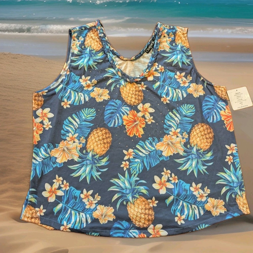 Onque Casual women 2X Pineapple Tropical Palm Tank Sleeveless Top Sparkle sequin